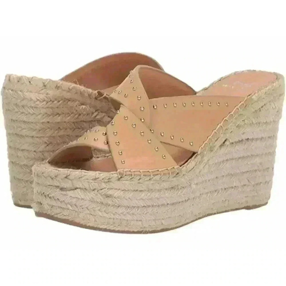 Marc Fisher Angelina Women's Tan Studded Espadrille Wedge Platform Size 10M New - Picture 1 of 11